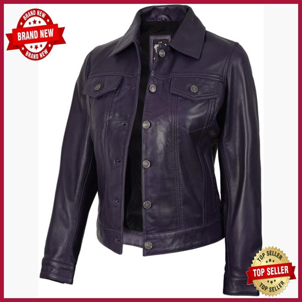 Real Lambskin Leather Trucker Jacket Women's Regular Fit Long Sleeve